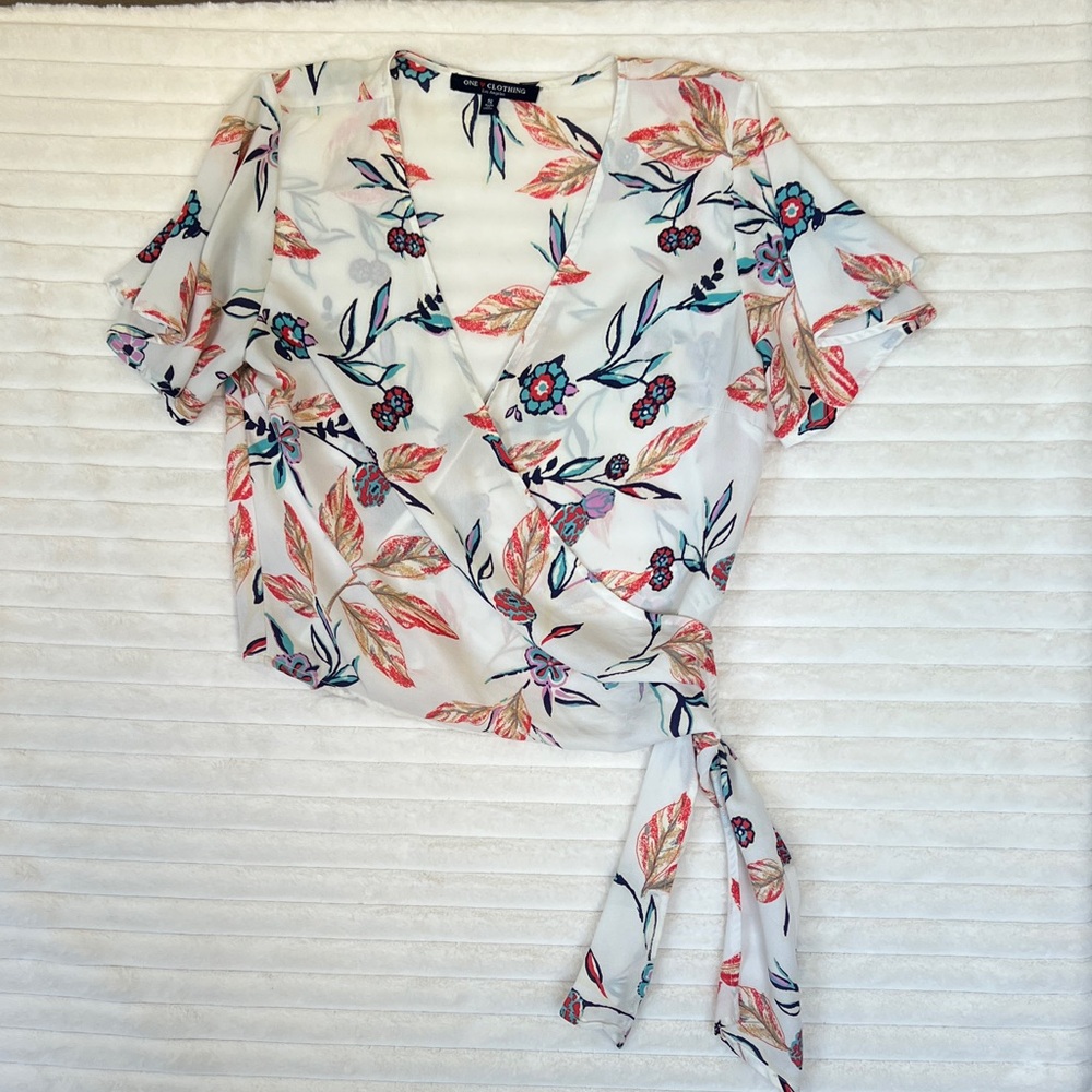 One Clothing Floral Wrap Blouse - White with Multicolor Design